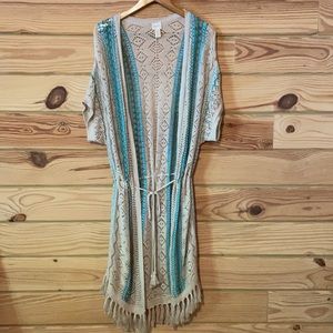 Chico’s Size 2 Boho Cardigan Sweater Long linen Open Knit fringe hem NWOT